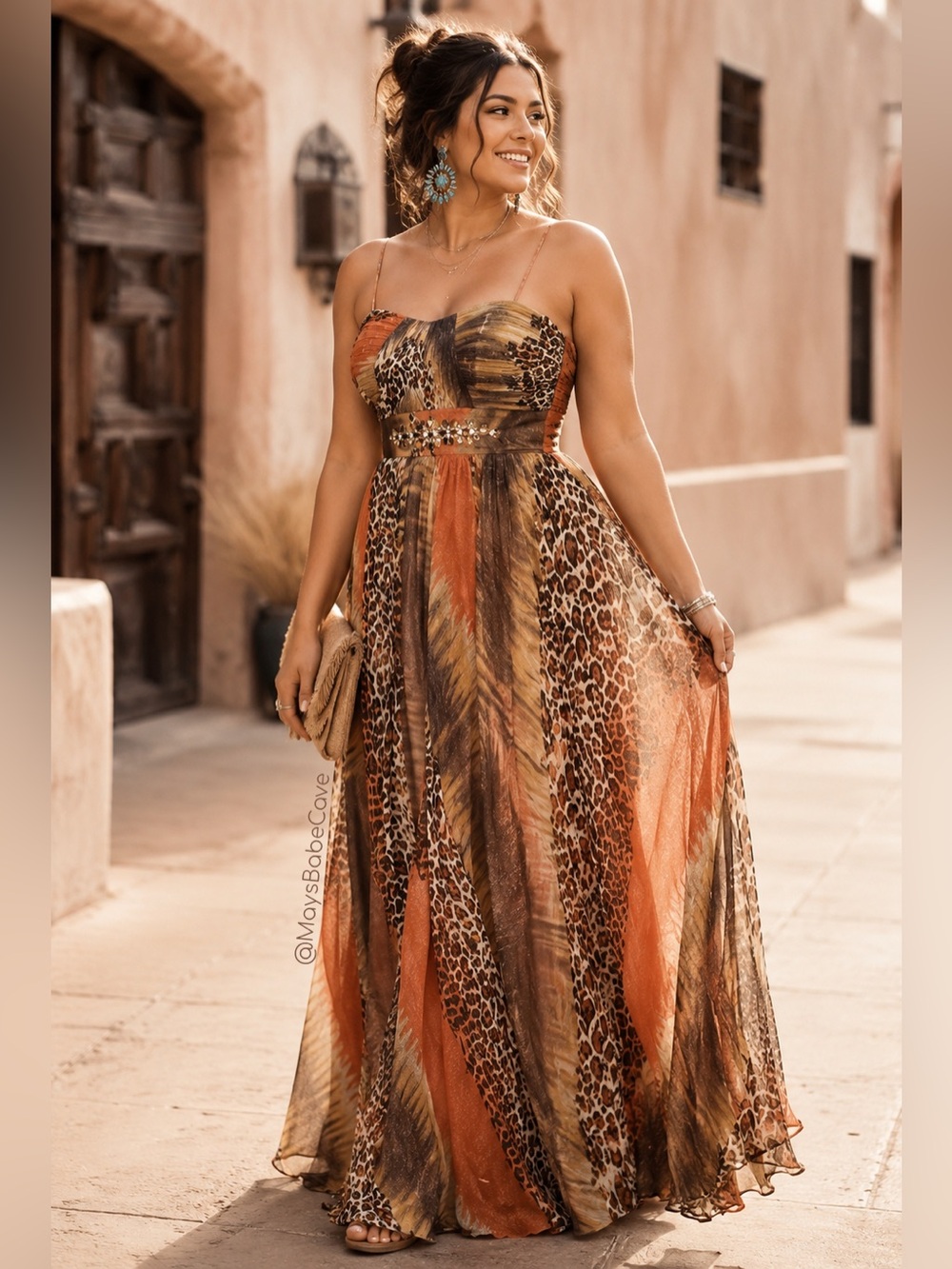 Alisha Hill Orange & Leopard Print Gemstone Formal Gown